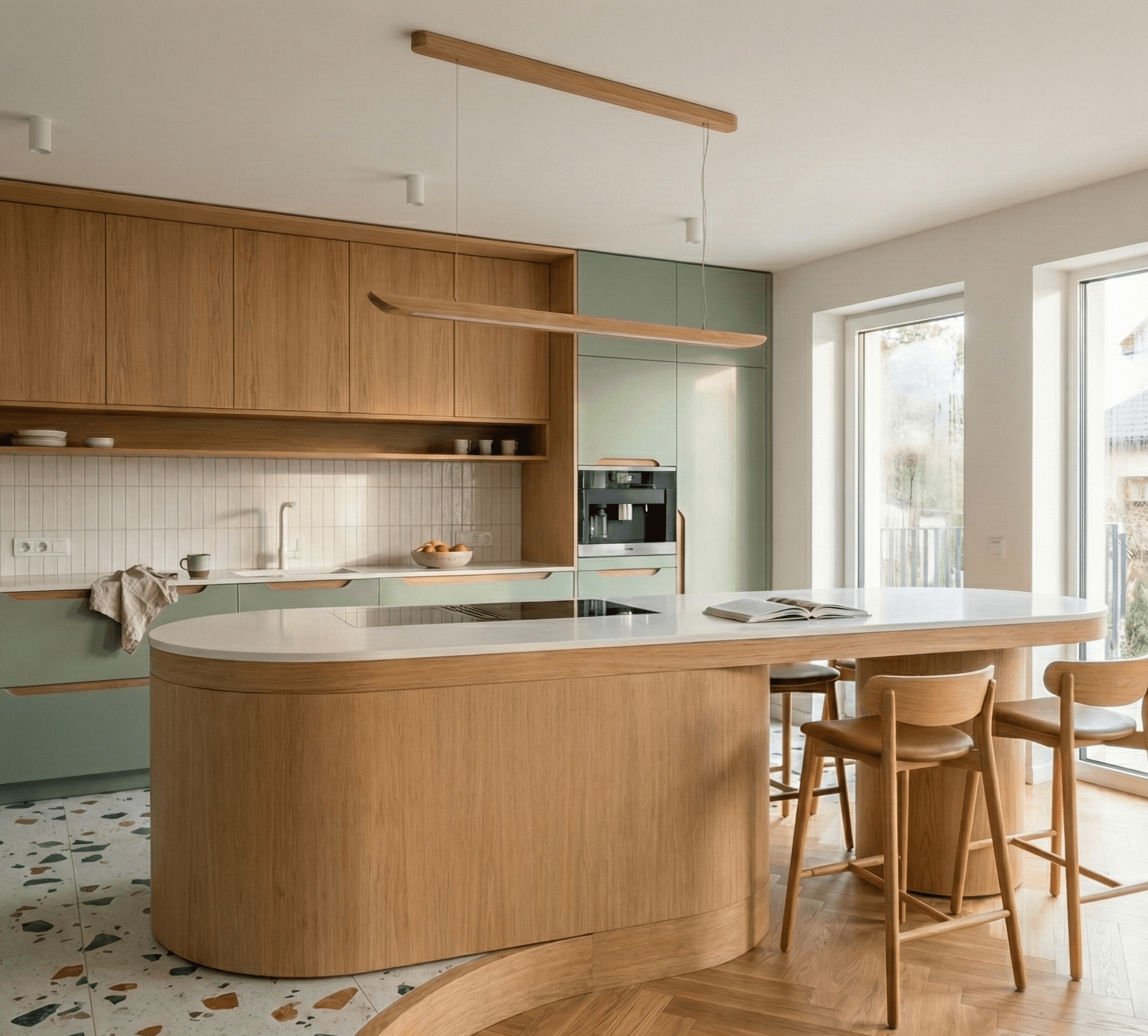 Mobiliario de carpintería para cocinas modernas a medida con isla central y acabados en madera